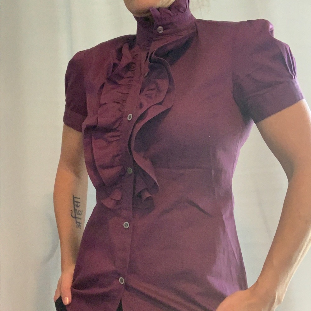Purple ruffled short sleeve blouse by Pink Tartan